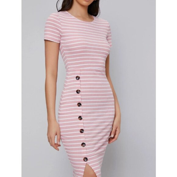 NWOT SHEIN Women's Mulvari Buttoned Front Split Hem Striped Dress Size Small - Picture 11 of 11